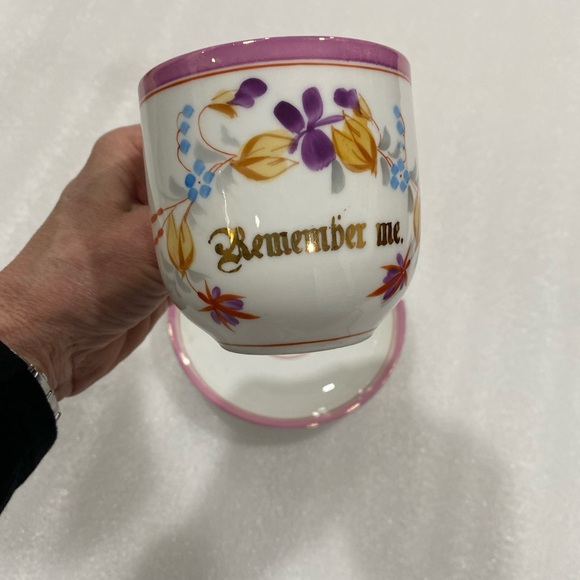German Antique “Remember Me”Teacup and Saucer Pink Banded Hand Painted Beauty - Picture 6 of 13